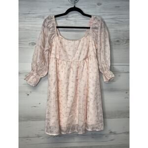 Thirty Thirty LA Dress Womens Medium Floral Embroidered Mesh Overlay Puff Sleeve